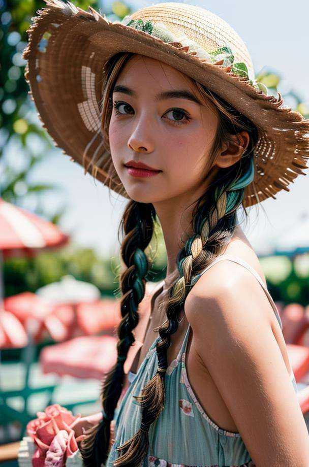 <lora:caomao:0.8>1girl, solo, hat, braid, blurry background, outdoors, looking at viewer, straw hat, 