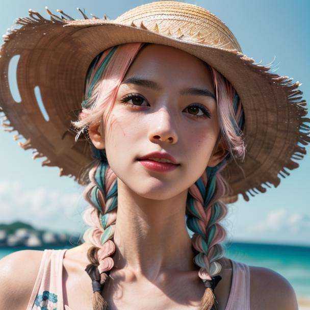 <lora:caomao:0.8>1girl, solo, hat, braid, blurry background, outdoors, looking at viewer, straw hat, blurry, portrait, twin braids, day, beach, realistic, pink hair, floral print, multicolored hair, brown eyes, sky, sun hat, lips, depth of field, ocean