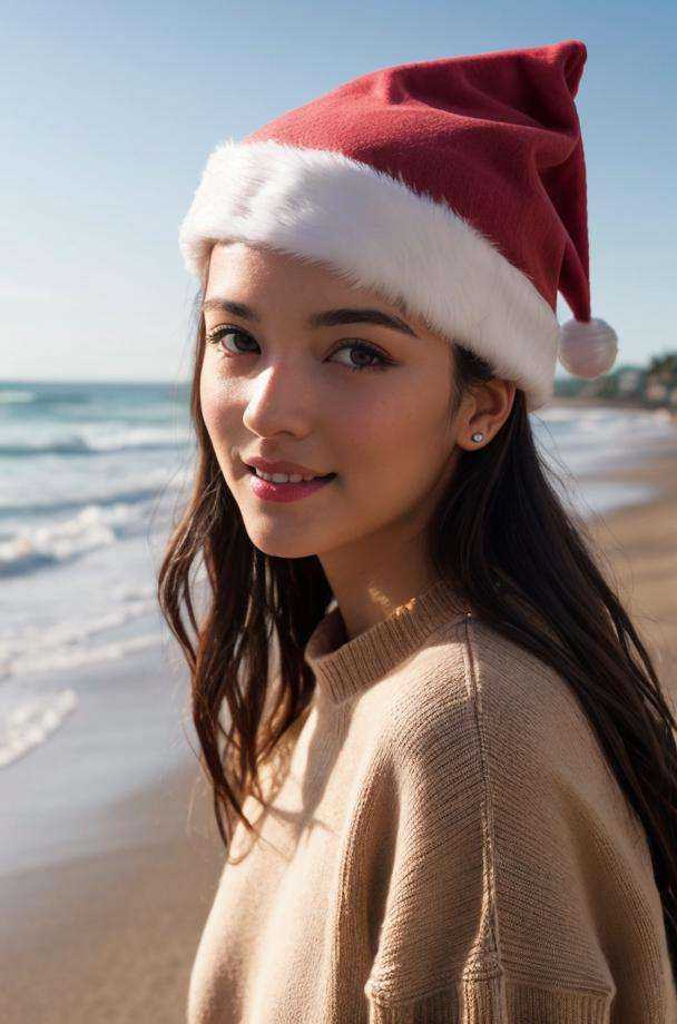 1girl, santa hat, solo, realistic, long hair, brown eyes, looking at viewer, beach background, black hair, pink sweater<lora:beach-000004:0.8>close shot