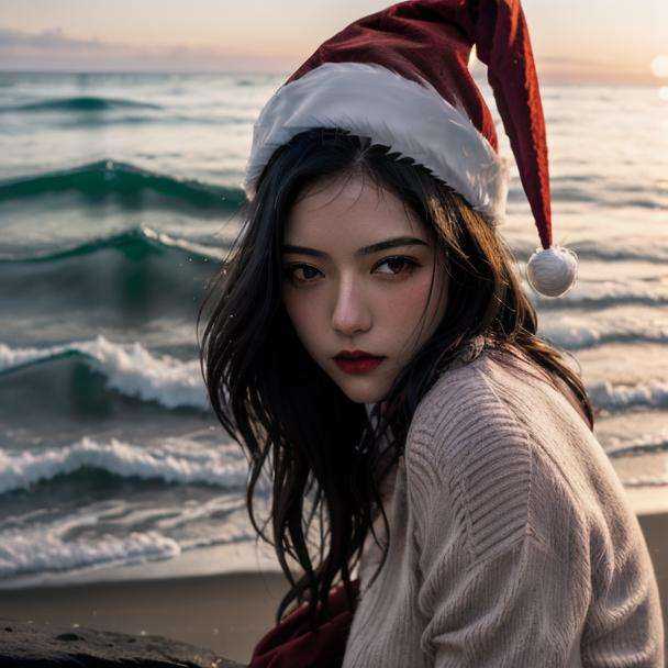 1girl, solo, santa hat,beach, best quality,masterpiece,realistic, <lora:beach-000004:1>