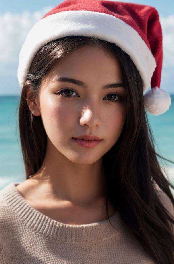 1girl, santa hat, solo, realistic, long hair, brown eyes, looking at viewer, beach background, black hair, pink sweater<lora:beach-000004:0.8>close shot