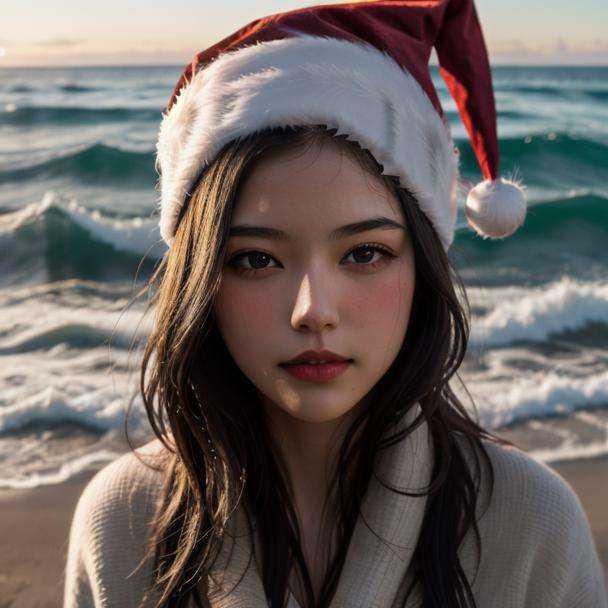 1girl, solo, santa hat,beach, best quality,masterpiece,realistic, <lora:beach-000004:0.7>
