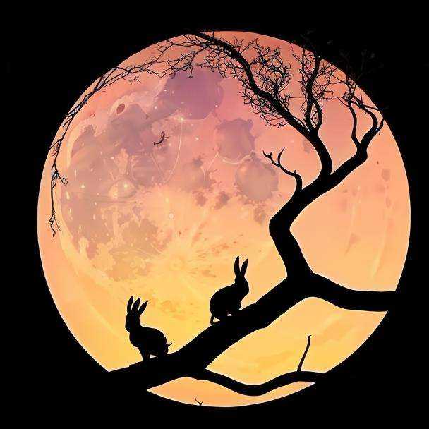 silhouette,branch, tree, bird, moon, sky, no humans, rabbit, rabbit ears, star \(sky\), full moon, sun, solo <lora:mood-000004:0.8>