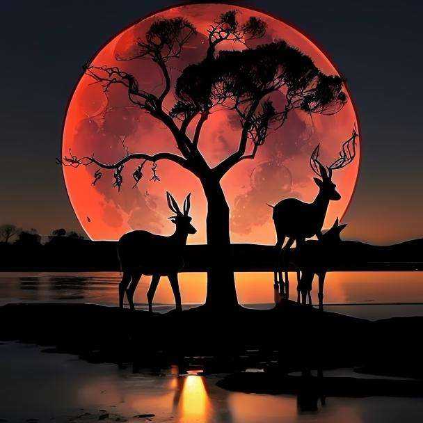 silhouette,branch, no humans, full moon, tree, horse, solo, sky, red moon, branch, bare tree,deer,Deer drinks water <lora:mood-000004:0.8>