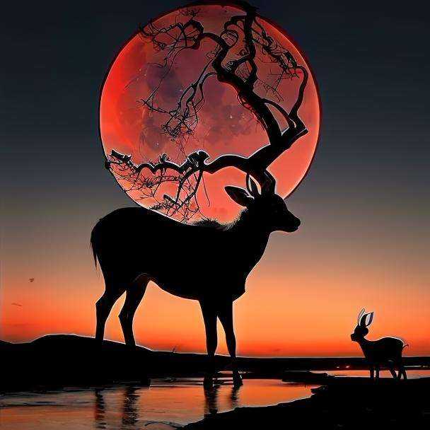 silhouette,branch, no humans, full moon, tree, horse, solo, sky, red moon, branch, bare tree,deer,Deer drinks water <lora:mood-000004:0.9>