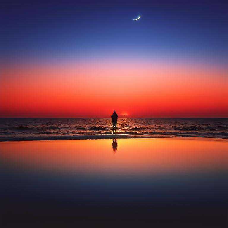 moon, sky, solo, crescent moon, scenery, reflection, sunset, water, horizon, outdoors, ocean, <lora:mood-000004:0.8>