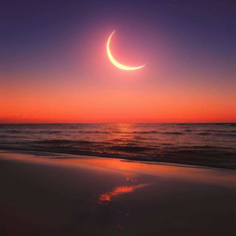 moon, sky, solo, crescent moon, scenery, reflection, sunset, water, horizon, outdoors, ocean, <lora:mood-000004:0.8>