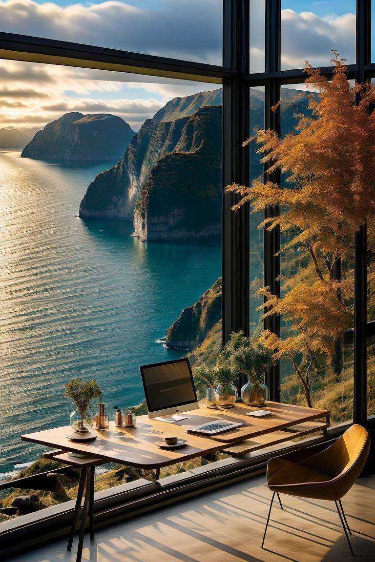 <lora:greenroom-HXZ:0.8>green house，tree,no humans, scenery, computer, tree, chair, window, table, mountain