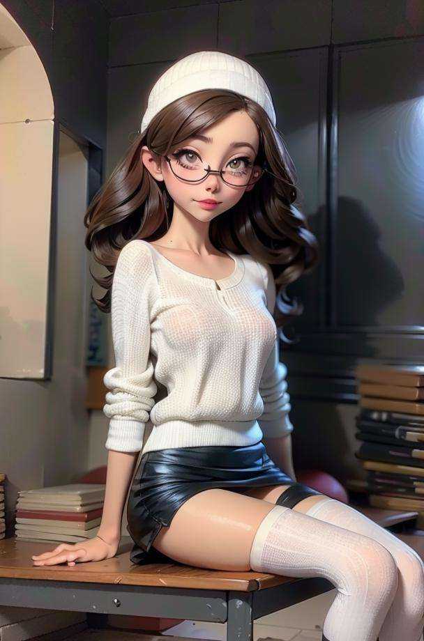 breasts, thighhighs, glasses, 1girl, sitting, skirt, teacher<lora:teacher-HXZ:0.8>