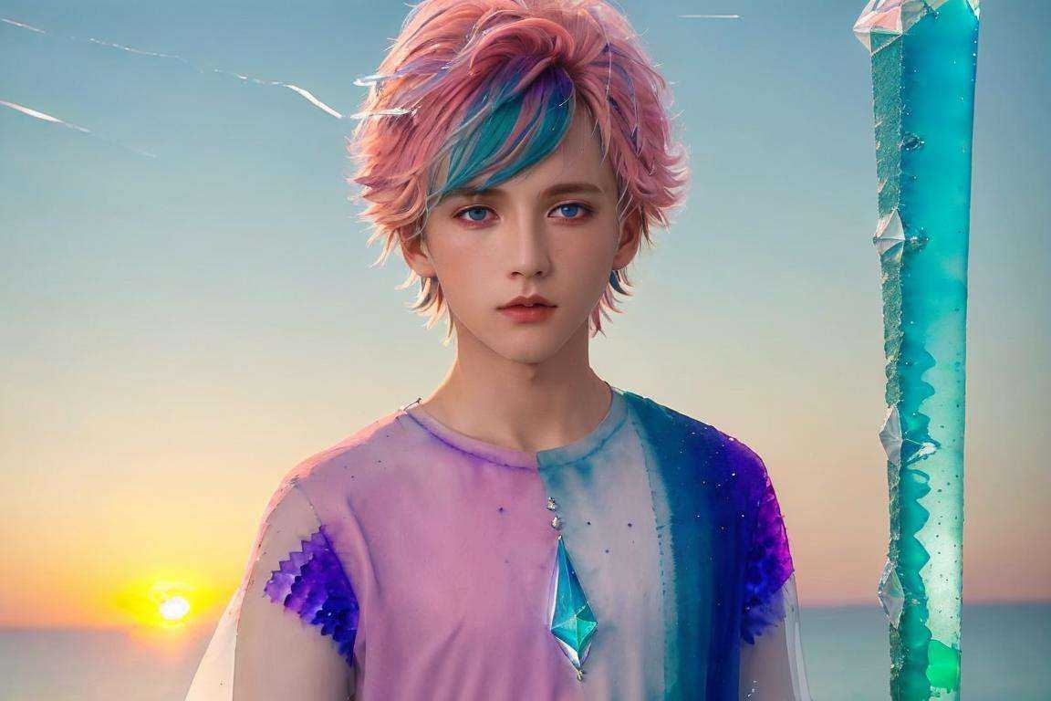 <lora:handsome:0.7> solo, blue eyes, short hair, looking at viewer, upper body, (1boy:1.1), pink hair,cup, sunset,multicolored hair, blue hair,(((crystals texture Hair))),((beautiful detailed glass hair)),((glass shaped texture hand)),((crystallize texture body)),gem body,hands as clear as jewels,crystallization of clothes,((crystals texture skin)),sparkle, lens flare, light leaks,broken glass,detailed glass shaped clothes,beautiful detailed gemstone sky, gemstone sea, crystals texture flowers,((detailed crystallized clothing)),