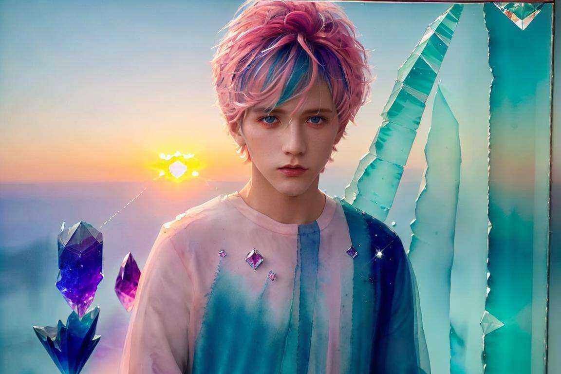 <lora:handsome:0.7> solo, blue eyes, short hair, looking at viewer, upper body, (1boy:1.1), pink hair,cup, sunset,multicolored hair, blue hair,(((crystals texture Hair))),((beautiful detailed glass hair)),((glass shaped texture hand)),((crystallize texture body)),gem body,hands as clear as jewels,crystallization of clothes,((crystals texture skin)),sparkle, lens flare, light leaks,broken glass,detailed glass shaped clothes,beautiful detailed gemstone sky, gemstone sea, crystals texture flowers,((detailed crystallized clothing)),