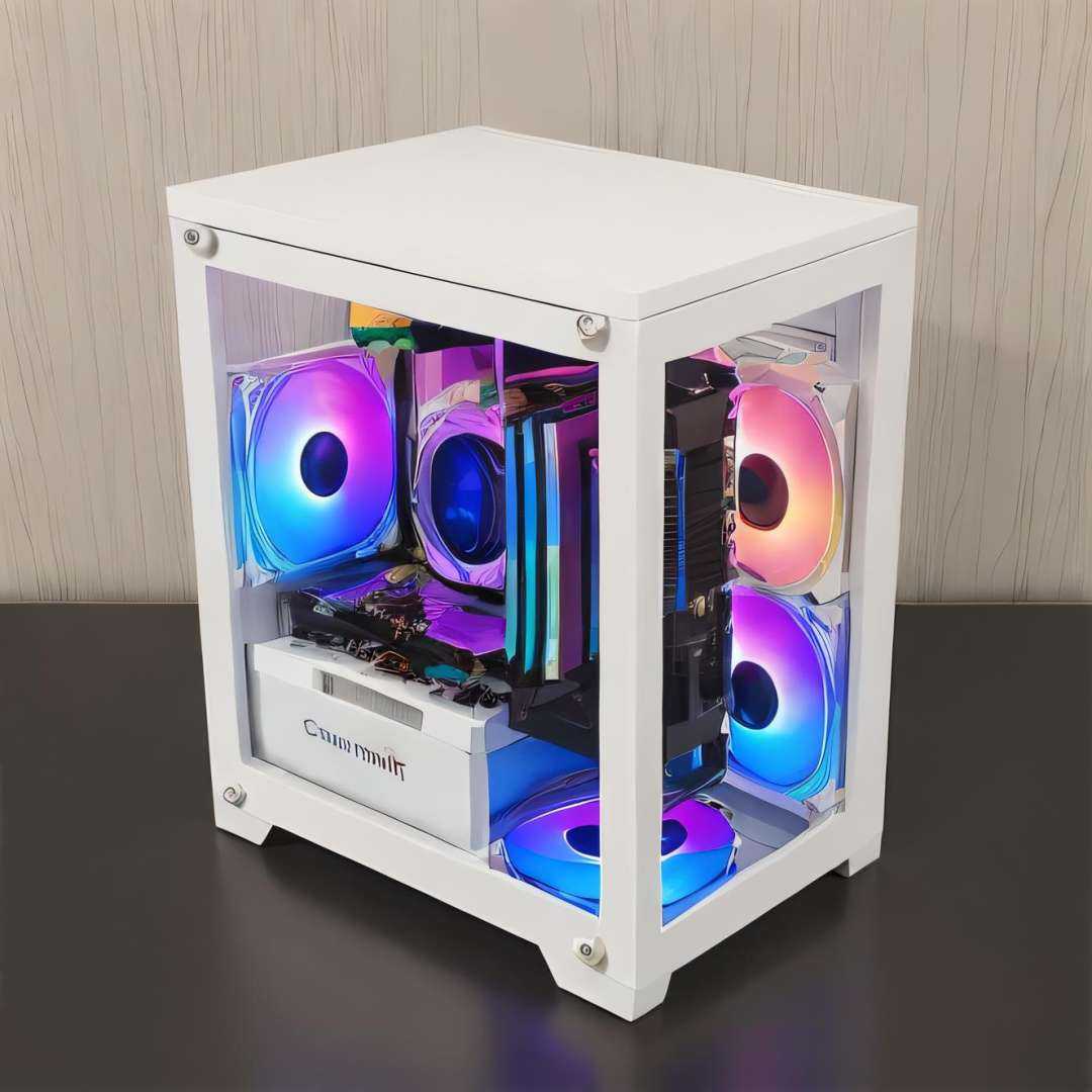 <lora:box-HXZ:0.7>no humans, Computer mini Case,color fan,white appearance