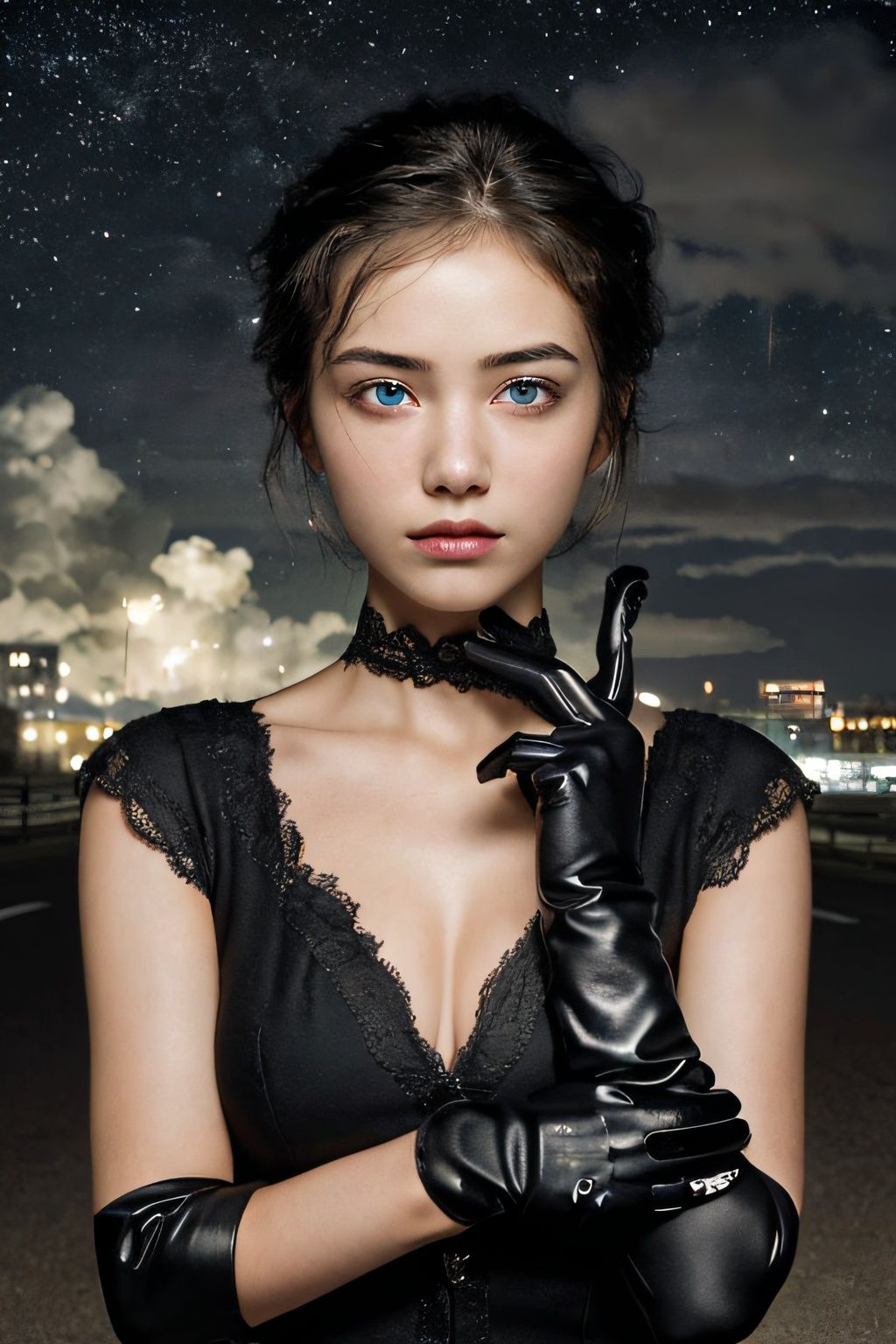 twenty-second century,urban street,city,((the girl in the middle:1.9)),(looking_at_viewer),expressionless,manless crossroads,(whole dark sky:1.5),(thick cumulonimbus cloud),gray hair,streaked hair,huge_filesize,high  detail,(masterpiece),(best quality),(((an extreme delicated and beautiful  girl))),(solo:1.4),beautiful sky,beautiful detailed eyes,((cowboy shot)),crossed bangs,medium hair,dress,(beautiful detailed black gloves:1.4),huge_filesize,wallpaper,masterpiece,ultra-detailed,illustration,beautiful detailed  eyes,gorgeous,(((masterpiece))), illustration,detailed glow, (many-storied buildings),(wind lift),extremely detailed 4k CG,(despairing:1.4),Splayed braid,green eyes,1 girl,(in the middle of the intersection),(rainny), drizzle, loneliness,  heavy sky, helpless eyes,sideway,highly  detailed,black pupil,