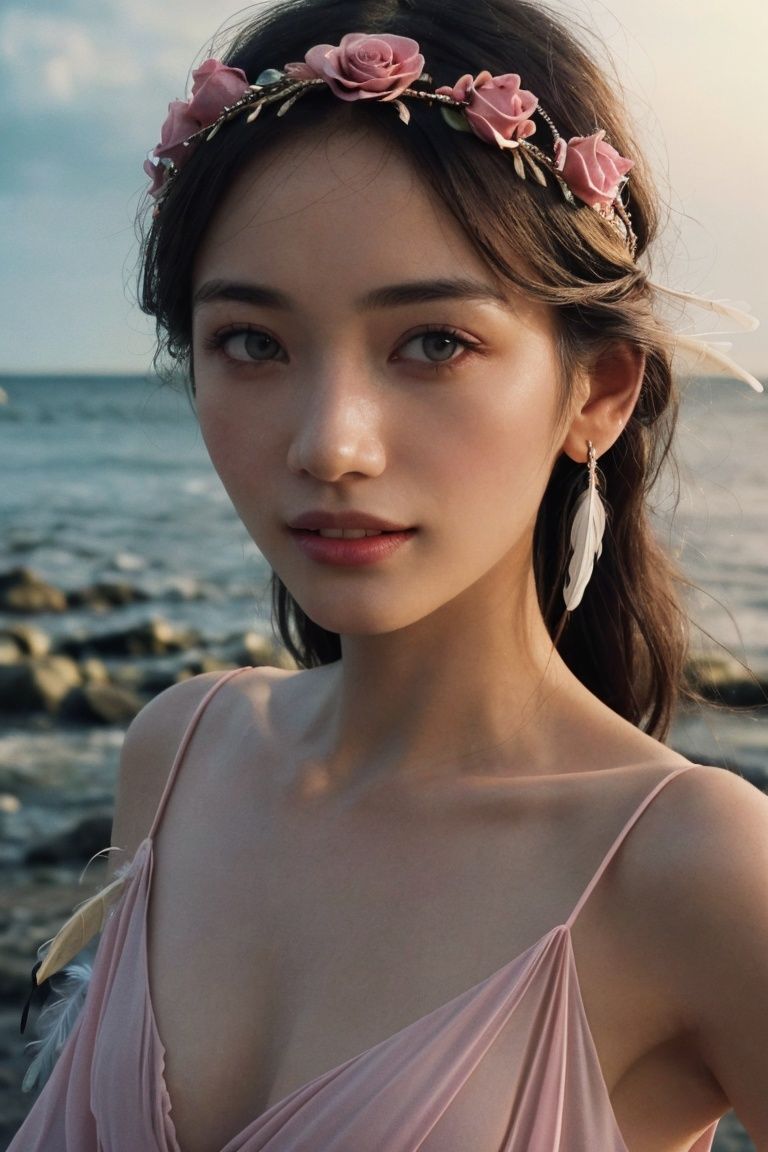 (pastel color:1.2), (High detail RAW Photo), 1980s \(style\), ((led strip lights)), (Buff and Rose pink ambient:1.3) ((close up:0.7)), (extremely detailed skin, photorealistic, heavy shadow, dramatic and cinematic lighting, key light, fill light), sharp focus, film grain, grainy, cinematic, imperfect skin, fabrics, textures, detailed face, detailed skin, warm colors NaturalHand2-3500, (pastel color:1.1), (High detail RAW Photo), (extremely detailed skin, photorealistic, heavy shadow, dramatic and cinematic lighting, key light, fill light), sharp focus, film grain, grainy, cinematic, imperfect skin, fabrics, textures, detailed face, detailed skin, detailed fingers, warm colors NaturalHand2-3500, <lora:add_detail:0.3>(upper_body:1.2),(seductive smile:1.1),(Boho_chiffon_maxi_dress:1.5),(Feather_headpiece:1.4),(Barefoot_sandals:1.3), <lora:龇牙V1:0.3>smile, teeth,ziya,
