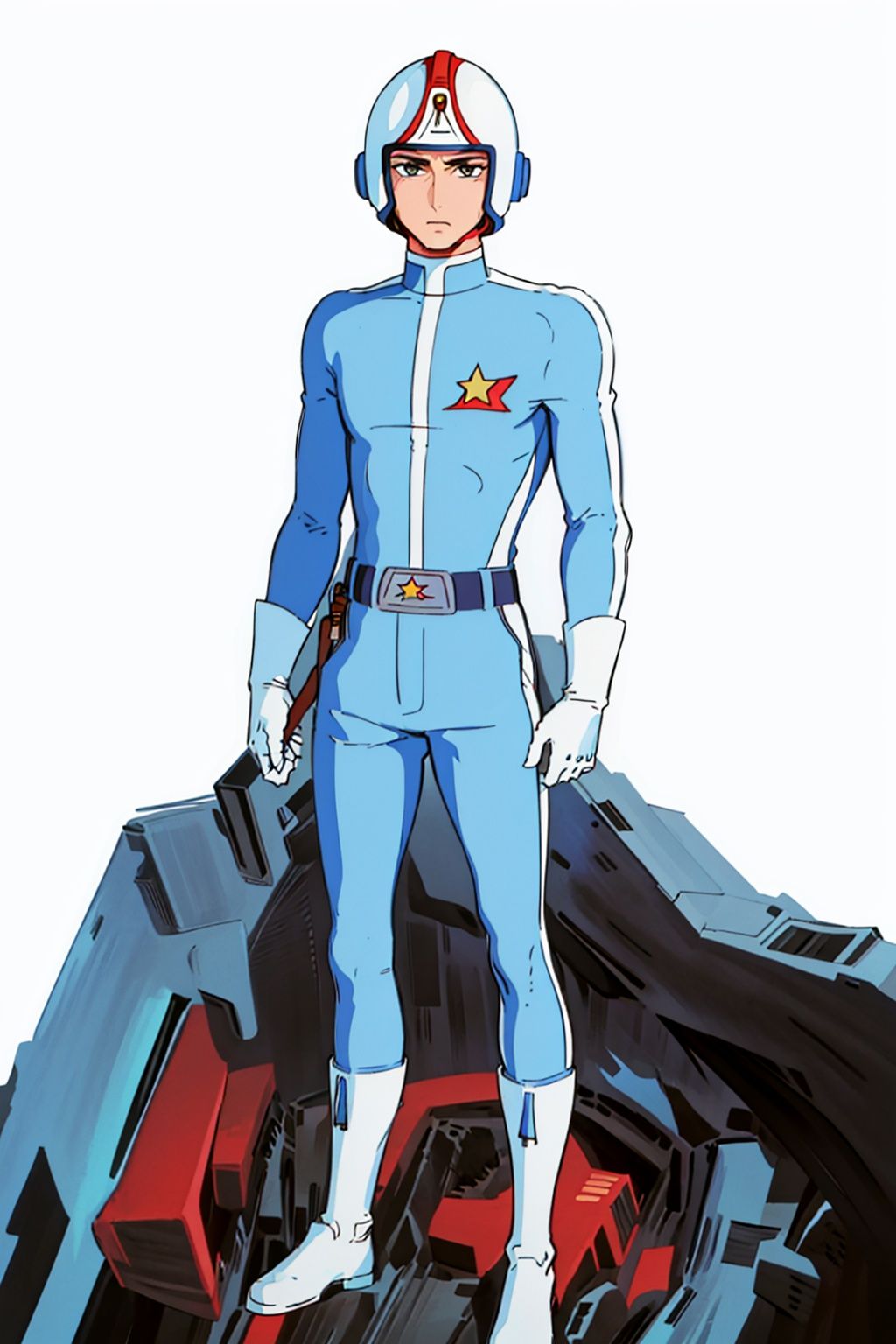 (masterpiece:1.3), (the best quality:1.2), (super fine illustrations:1.2), (Masterpiece), high quality, high detail,((white background:1.2)), looking at viewer, (SOLO:1.4),outline,,simple background, white footwear,logo,boots, white gloves, white headwear, blue jacket, jewelry, military uniform, military, gloves, uniform,belt, bodysuit, helmet, star print