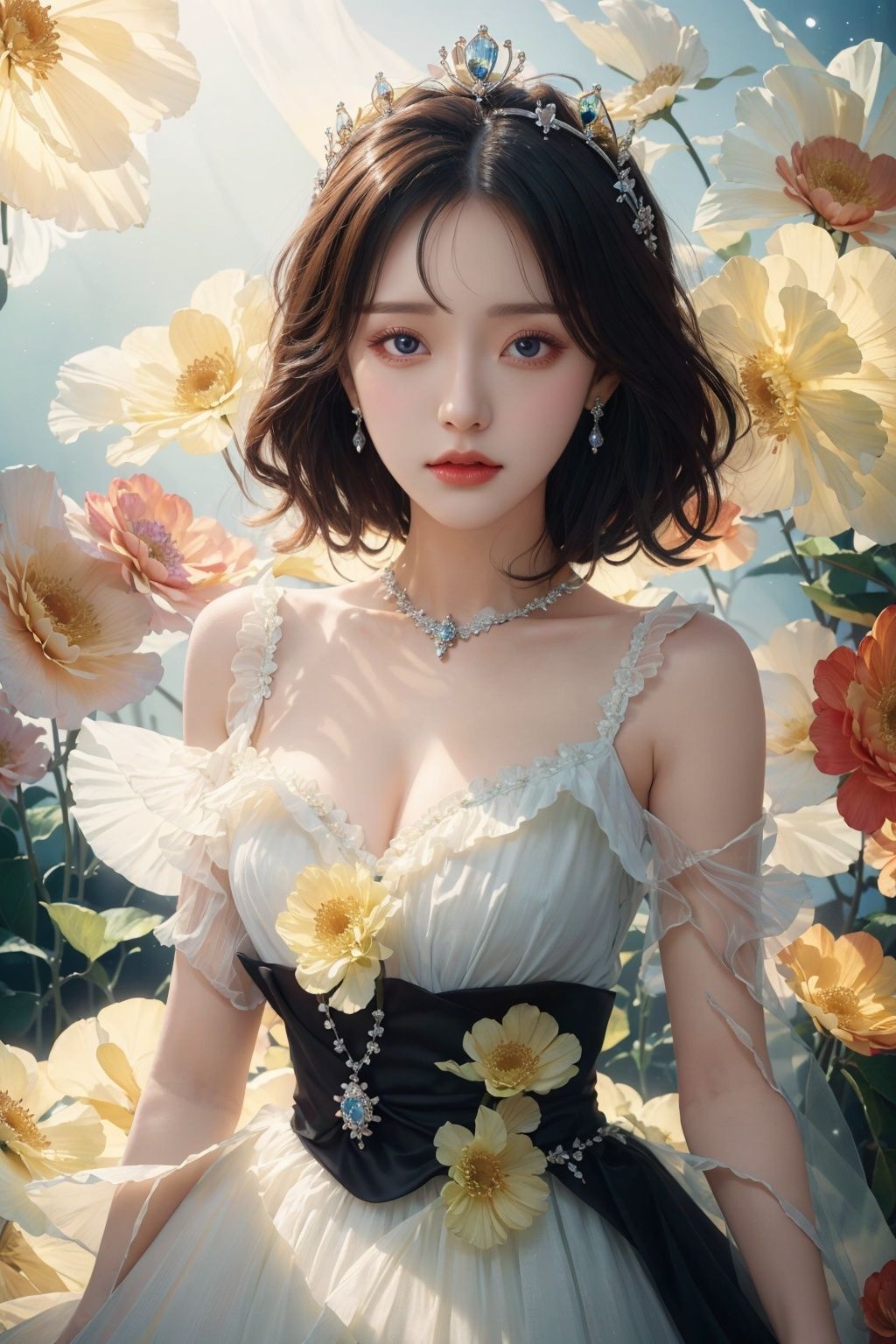  masterpiece, Gem, Luminescence, princess, Crown, Huge flowers, Flower, Flowers, Flowers, Flowers, Black dress, Medium chest, Lovely, Big eyes, anatomically correct, high details, best quality, HD, 16k, sparkling dress
