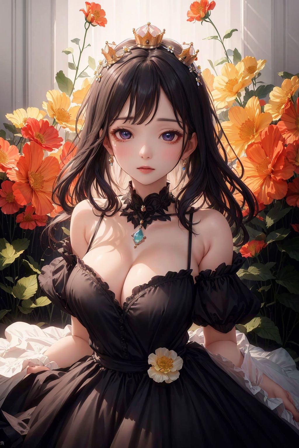  masterpiece, Gem, Luminescence, princess, Crown, Huge flowers, Flower, Flowers, Flowers, Flowers, Black dress, Medium chest, Lovely, Big eyes, anatomically correct, high details, best quality, HD, 16k