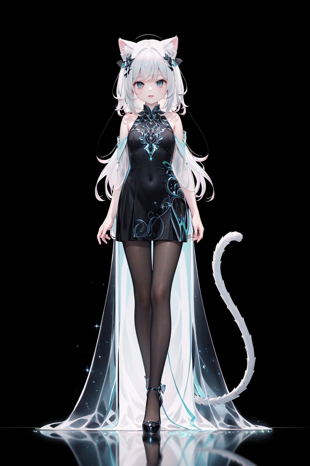  Best quality,8k,cg,Light Shadow Cat Girl,on black,in dress,luminescence,long hair