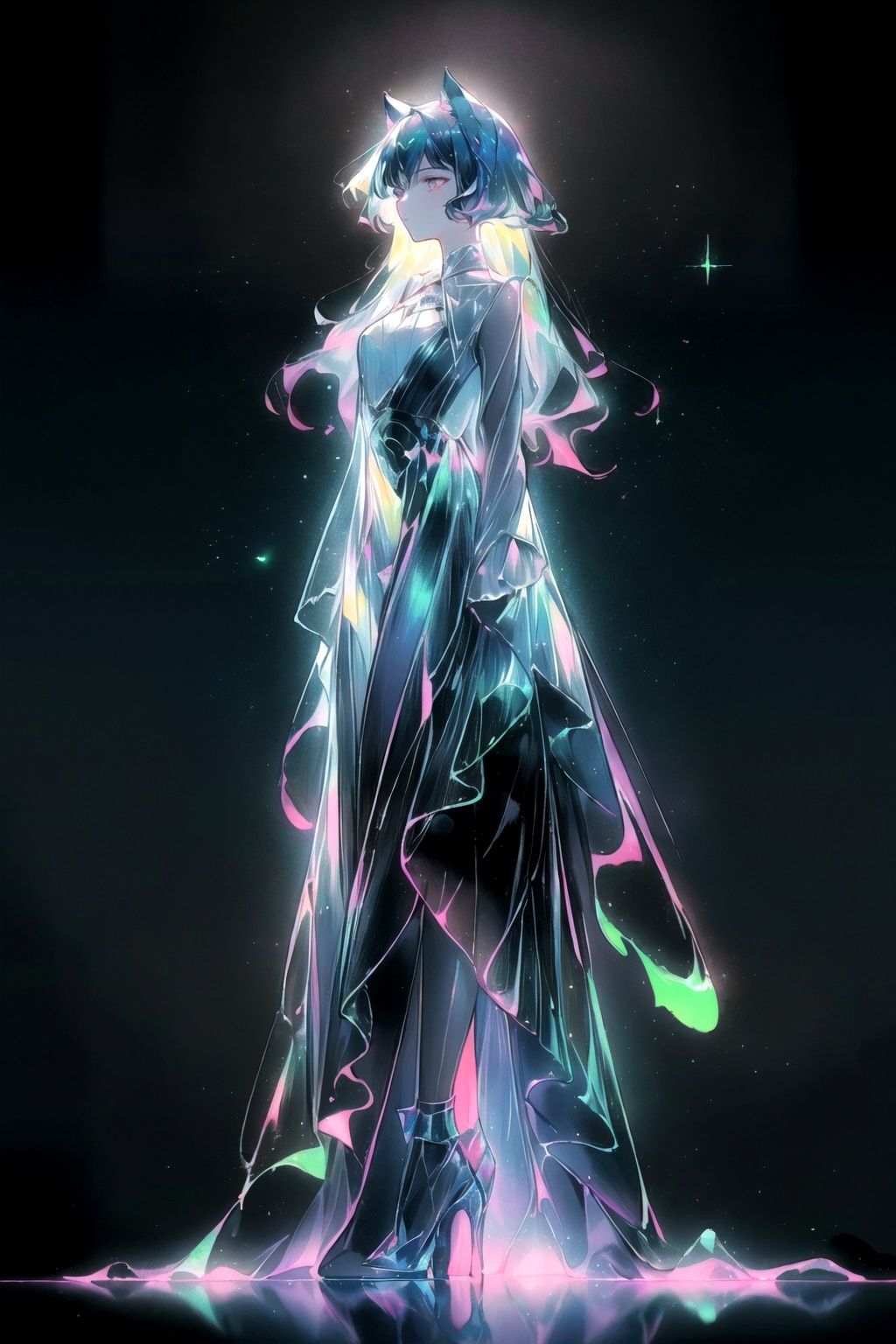  masterpiece, best quality,highres, catwoman, liuli2, tall, long straight hair, perfect stature, white dress, fashion pose, colord_bangs,colored inner hair, look_at_viewer, chromatic dispersion,metallic_lustre, see_through, (tansparent_plastic:1.3), coloured glaze, Polychromatic prism effect, rainbowcore, iridescence/opalescence, glowing colors, aluminum foil, Glowing ambiance, building background, (portrait:1.5), Tyndall Effect,color dresses,
