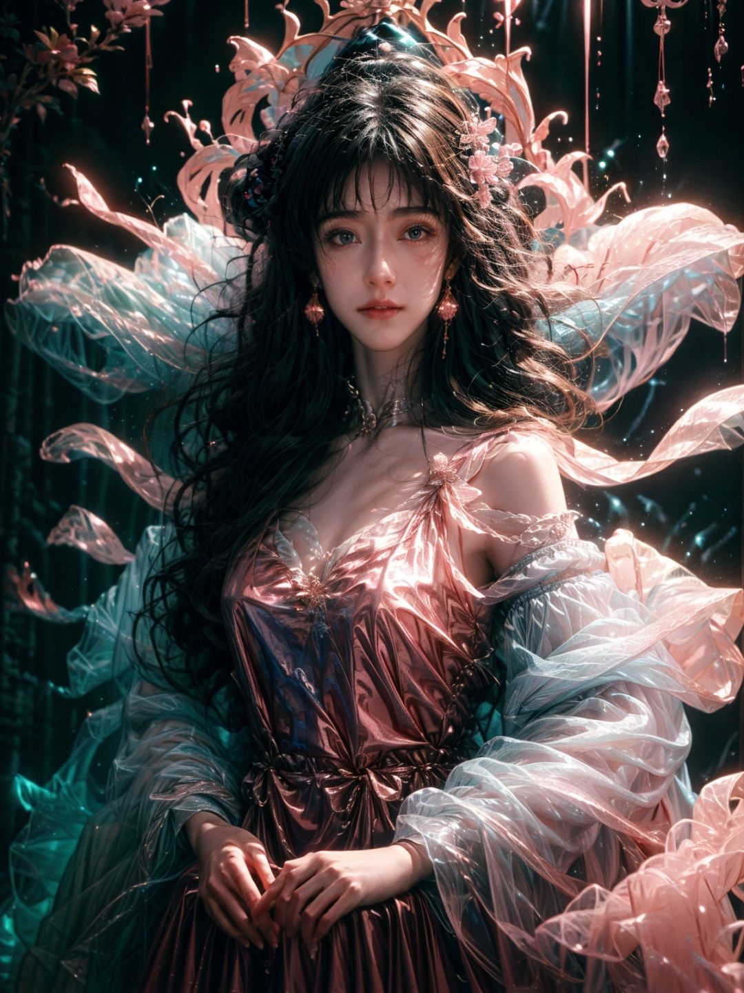  masterpiece,best quality,8k,insane details,intricate details,hyper quality,high detail,ultra detailed,realistic,1girl,long hair,jewelry,looking at viewer,dress,hair ornament,black dress,bracelet,bare shoulders,full body,tail,pink flower,black hair,solo,looking at viewer,earrings,black background,lips,wavy hair,glowing,detached sleeves,closed mouth,beads,makeup,long sleeves,EpicSky, huansha,neon_dress, cute girl