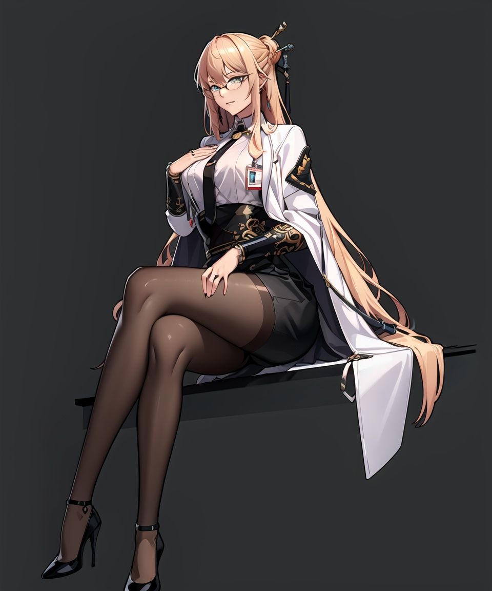 (best quality), ((masterpiece)), (highers), original, extremely detailed CG unity 8k wallpaper,Mechanic,long hair, glasses, pantyhose,long skirt, high heels, id card, hair stick,jewelry, black necktie,1girl, solo, full_body,hands on chest,sitting,crossed legs, simple background, white background, <lora:M6:0.9>