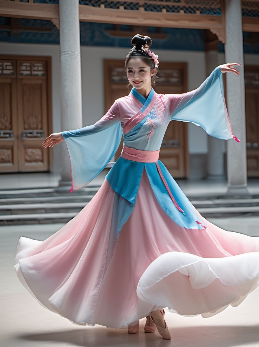 best quality,highly detailed,dancing ,
zgirl,pink and blue dancedress, smile ,full  body,headwear, see_through, Palace , indoor,Chinese architecture