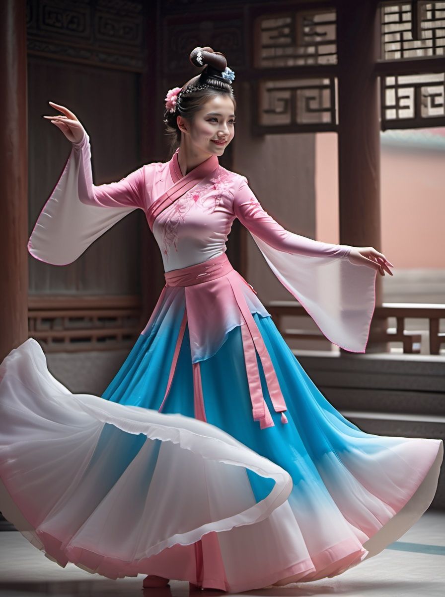 best quality,highly detailed,dancing ,
zgirl,pink and blue dancedress, smile ,full  body,headwear, see_through, Palace , indoor,Chinese architecture