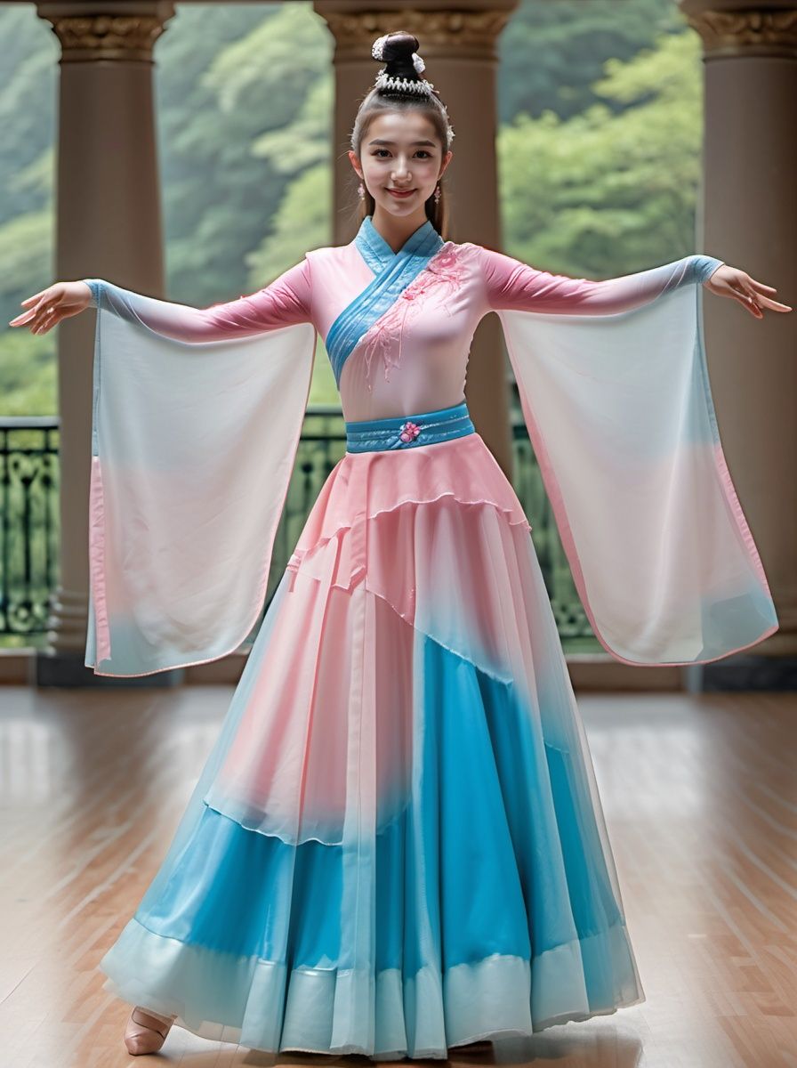 best quality,highly detailed,dancing ,
zgirl,pink and blue dancedress, smile ,full  body,headwear, see_through, Palace , indoor