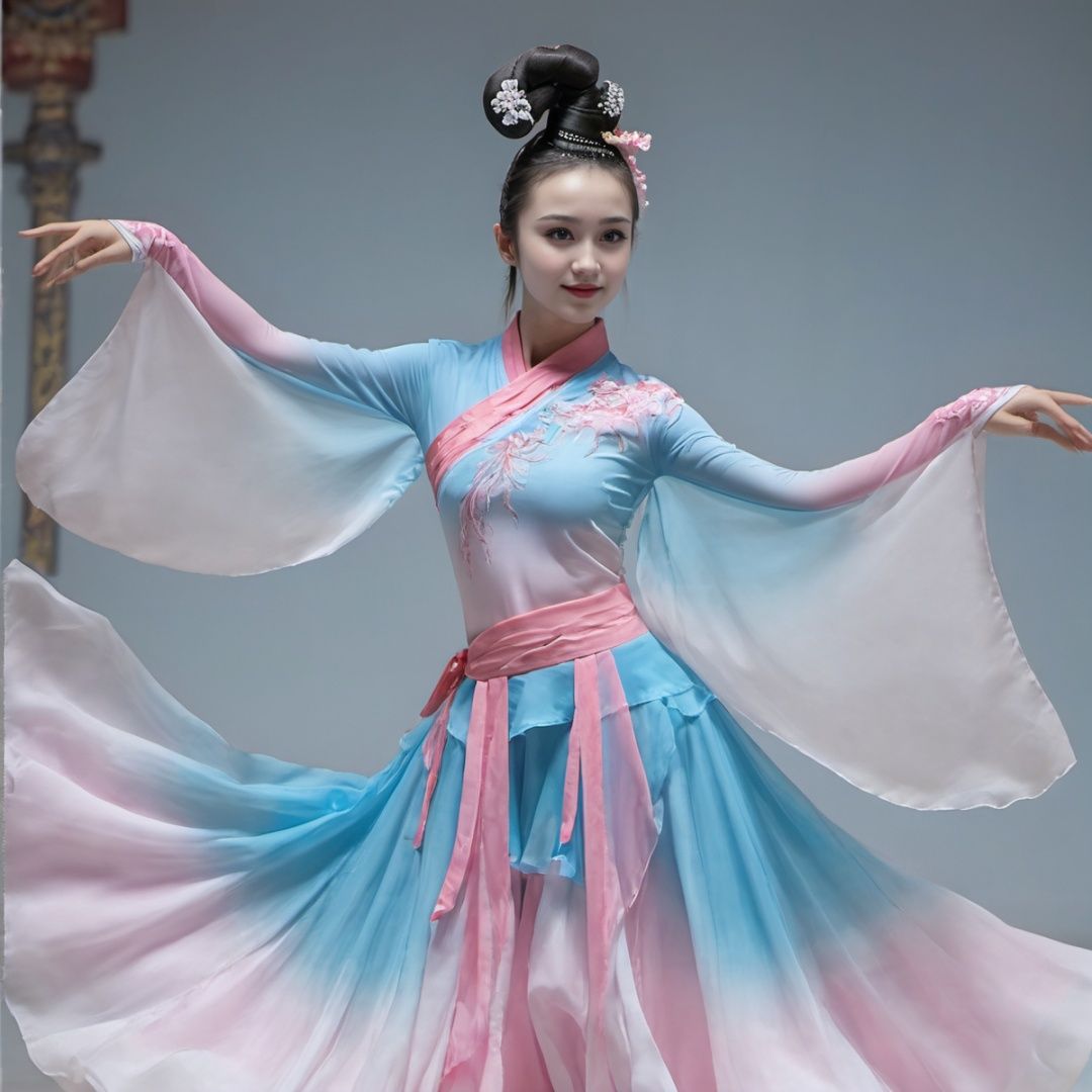 best quality,highly detailed,dancing ,
zgirl,pink and blue dancedress, smile ,full  body,headwear, see_through, China Palace , indoor