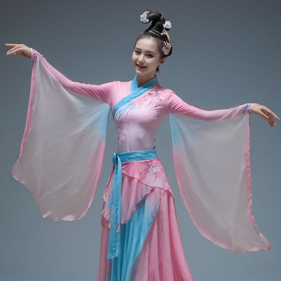 best quality,highly detailed,dancing ,
zgirl,pink and blue dancedress, smile ,full  body,headwear, see_through, China Palace , indoor