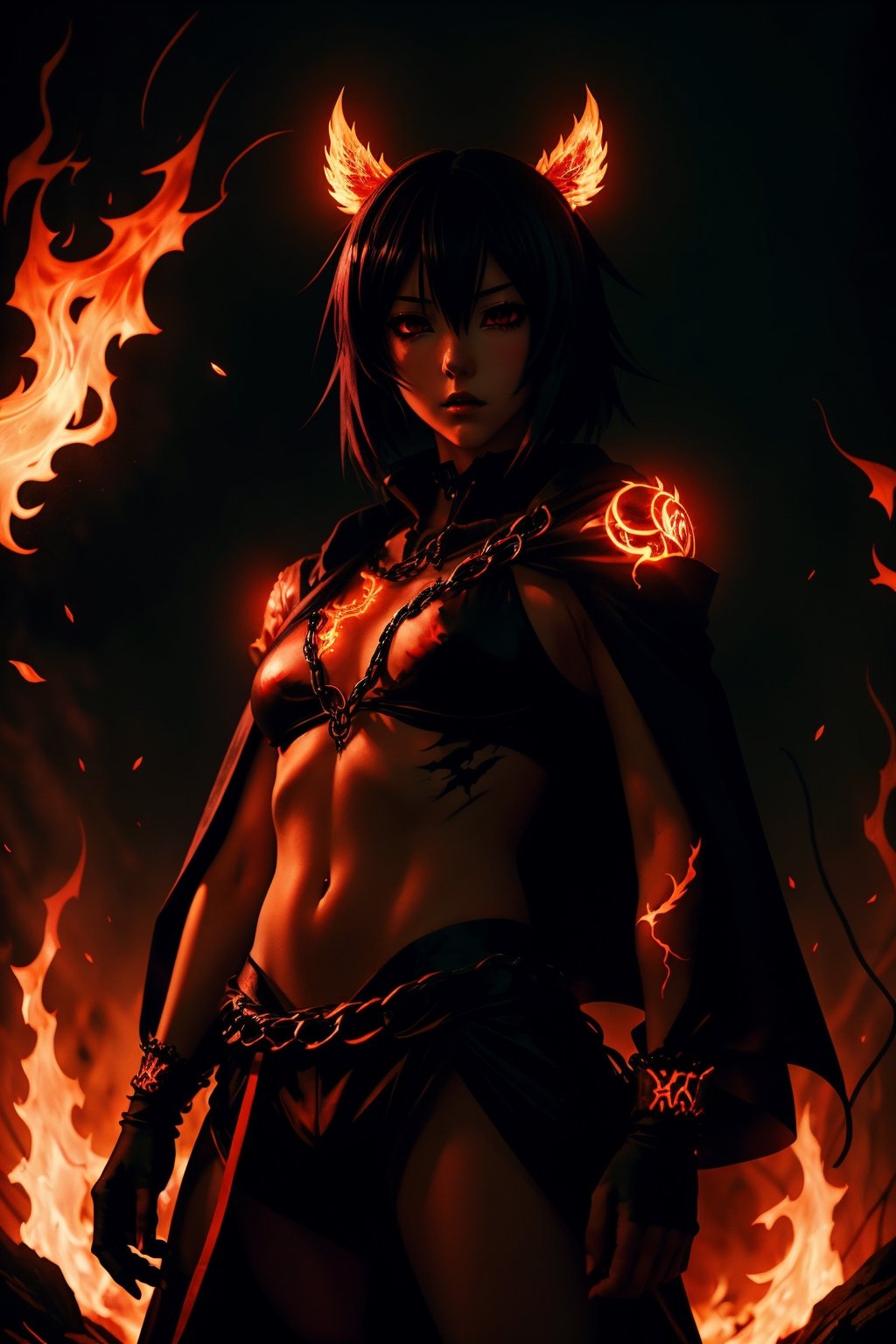 A striking anime character,  shrouded in shadows and poised for battle,  stands against a deep crimson background adorned...
