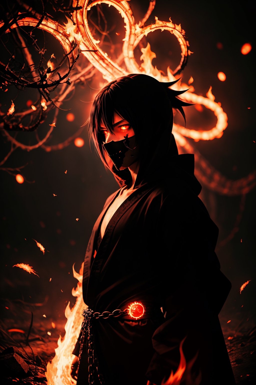 A striking anime character,  shrouded in shadows and poised for battle,  stands against a deep crimson background adorned...