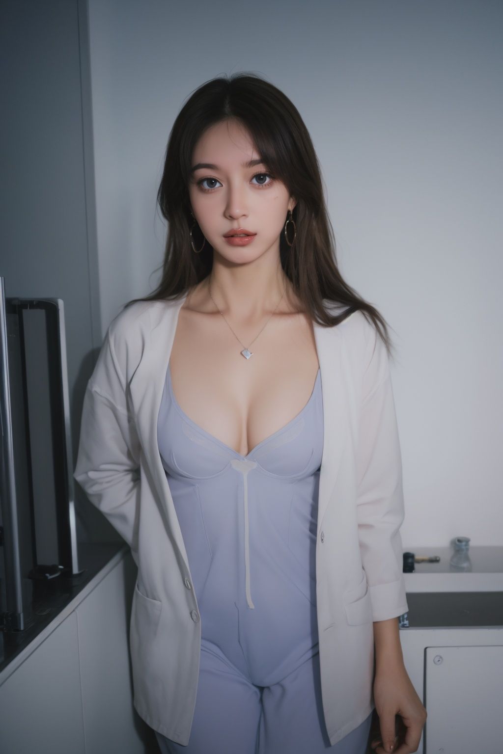 1girl,long hair,long legs,Cleavage,thin and beautiful woman,earrings,pure girl,small chest,beautiful eyes,uniform,in the laboratory,sexy,solo,standing,masterpiece,best quality,ultra-detailed,<lora:LSP写实滤镜:0.8>,