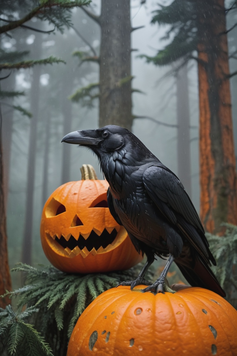 A large ancient raven sitting on top of an orange halloween pumpkin with evil face carved into it,  in a ancient arboreal...