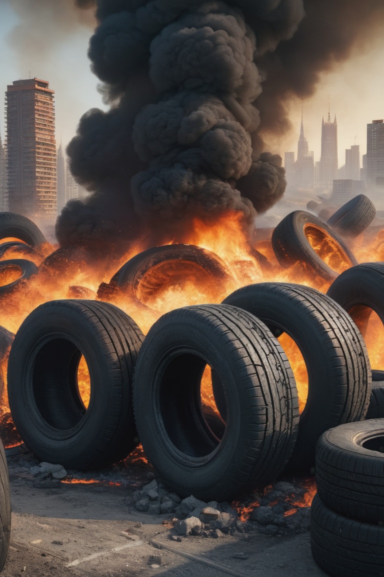expanse of burning car tyres with a city in the background,  digital art,  by Michał Karcz on Tensor.Art