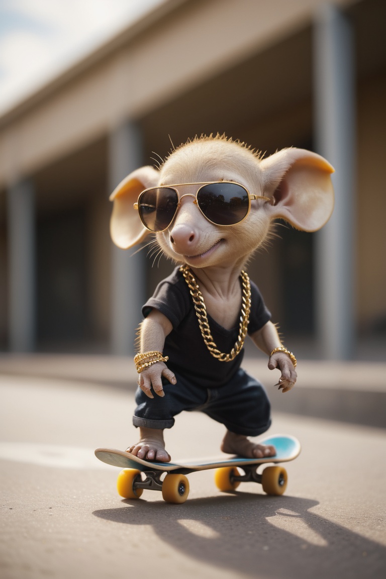 photograph of a cute baby skater aardvark,  wearing sun glasses and thick gold chains as jewellry,  riding a skateboard |...