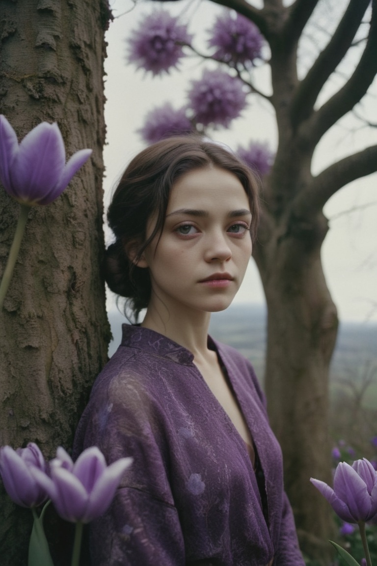 a woman standing in front of a tree with purple flowers,  a portrait,  by Katia Chausheva on Tensor.Art