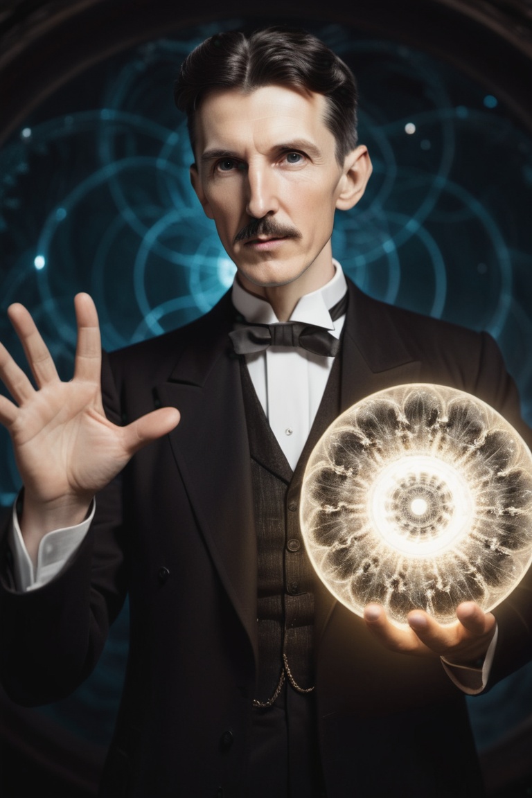 photograph,  medium shot of a Glittering (Nikola Tesla) holding a Fractal elecrical core,  perfect eyes on Tensor.Art