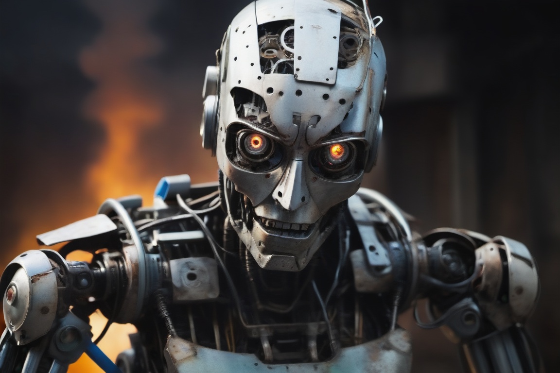 RAW photo of the last robot alive after humanity is gone,  menacing face,  made from recycled parts on Tensor.Art