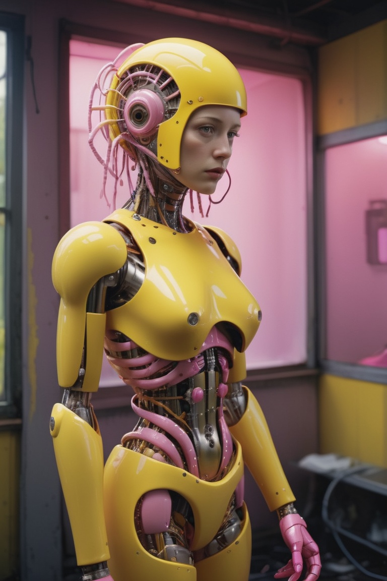 stylized by Gregory Crewdson,  photograph,  beautiful female Cyborg yellow and pink creature on Tensor.Art