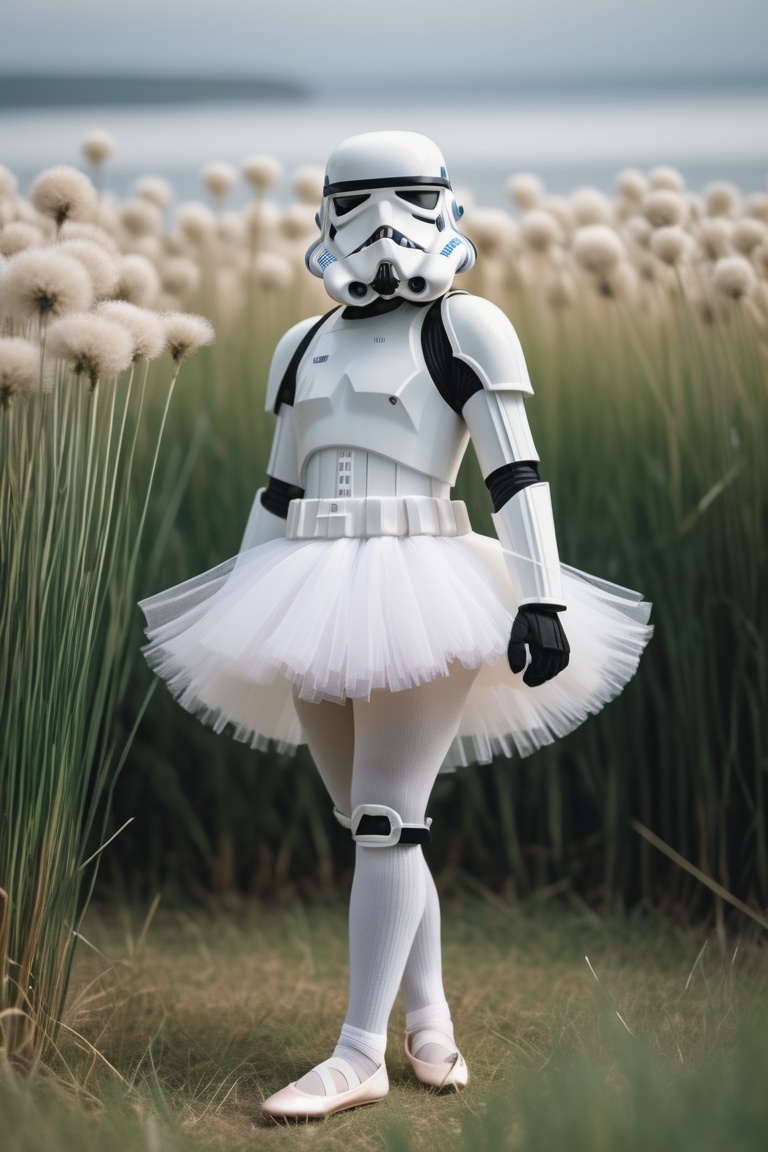 detailed photograph of a short Stormtrooper,  he wearing a white while he is standing in tall dnadelion grass | film grain...