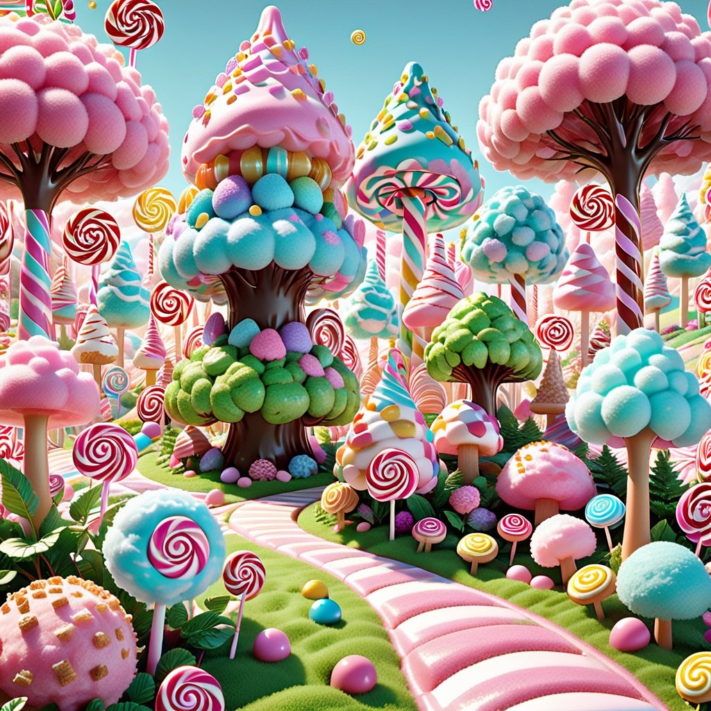 (candy land Explore a whimsical candy forest,  with trees crafted from candy floss that rustles in the sugar breeze. The g...