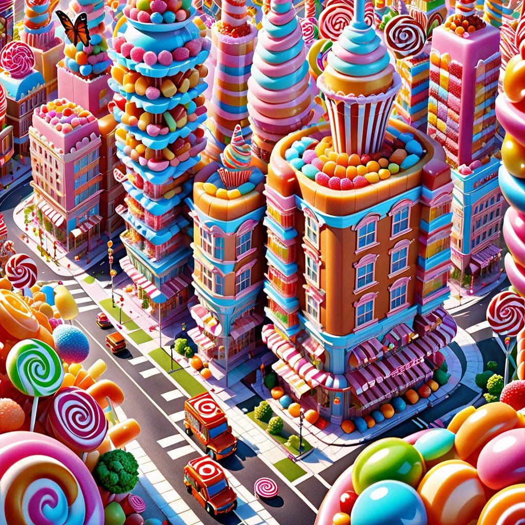 (candy land Explore a candy land realm filled with edible architecture,  where gumdrop skyscrapers rise to dizzying height...