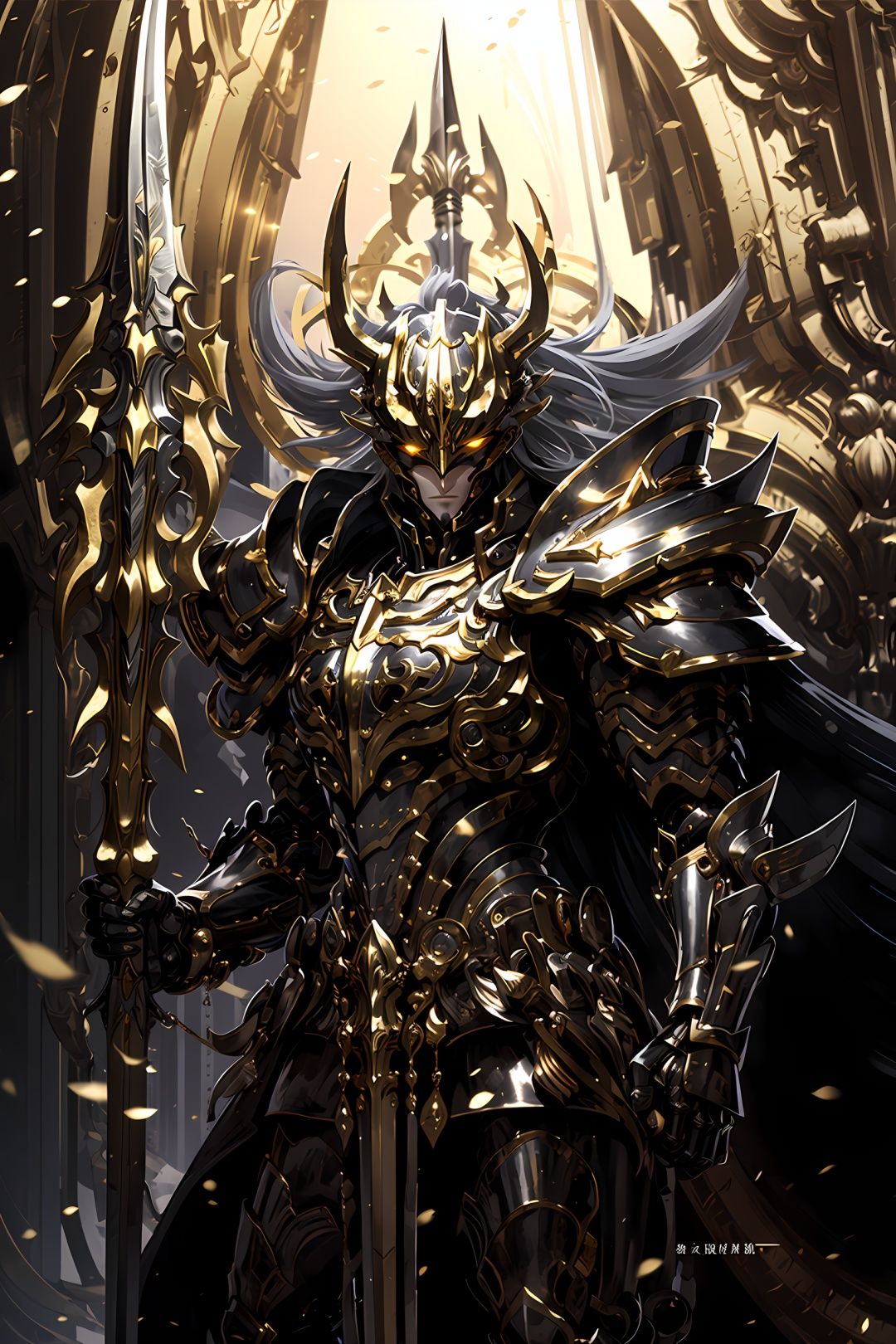HeiJing1, weapon, armor, solo, holding weapon, helmet, holding, polearm, 1boy, male focus, long hair, full armor, gauntlets, shoulder armor, cape, pauldrons, holding polearm, standing, gold armor, breastplate, closed mouth, spear