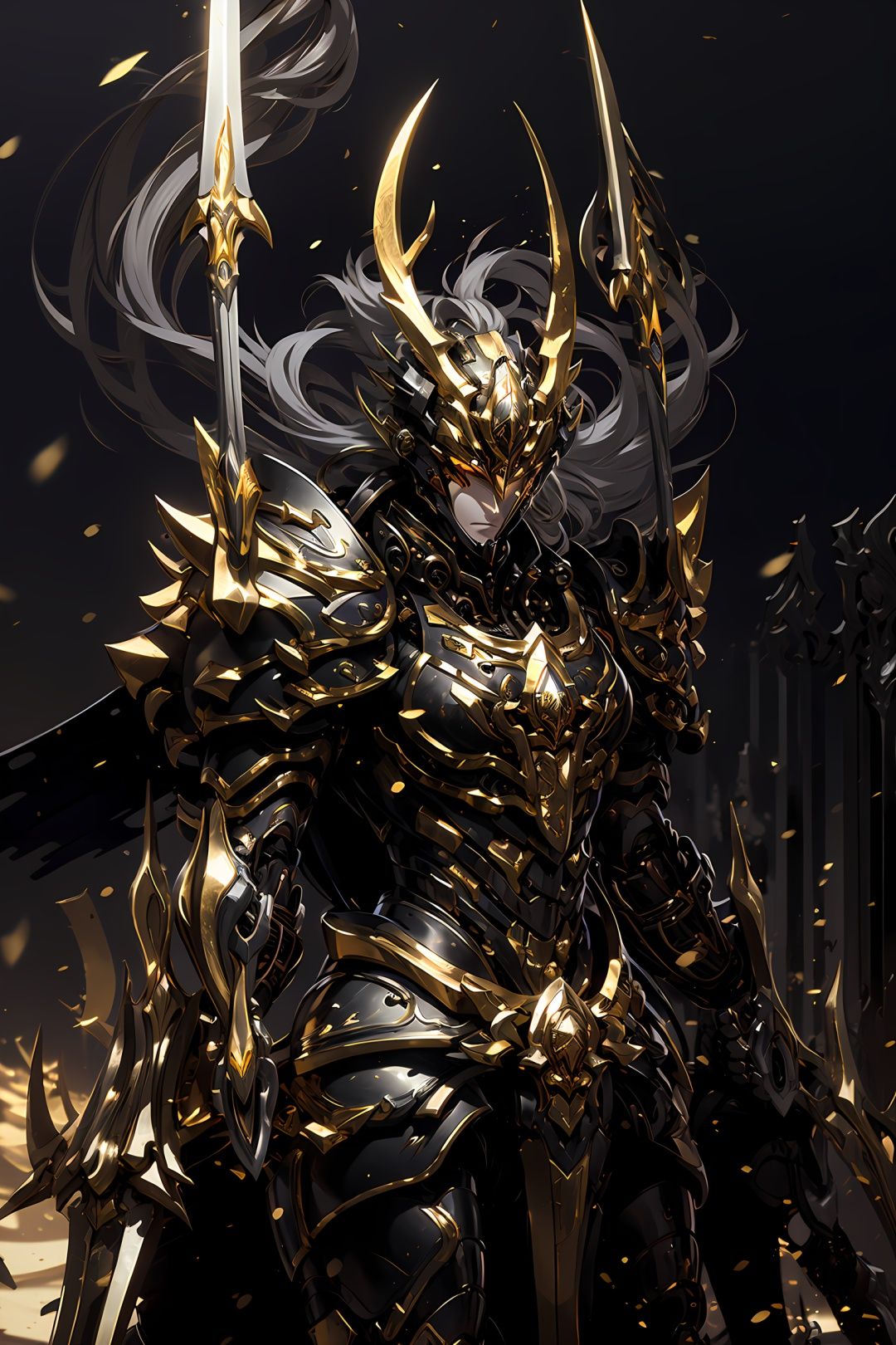 HeiJing1, armor, 1boy, male focus, solo, black hair, weapon, glowing eyes, glowing, helmet, long hair, yellow eyes, full armor, shoulder armor, horns, sword, pauldrons, upper body, wings