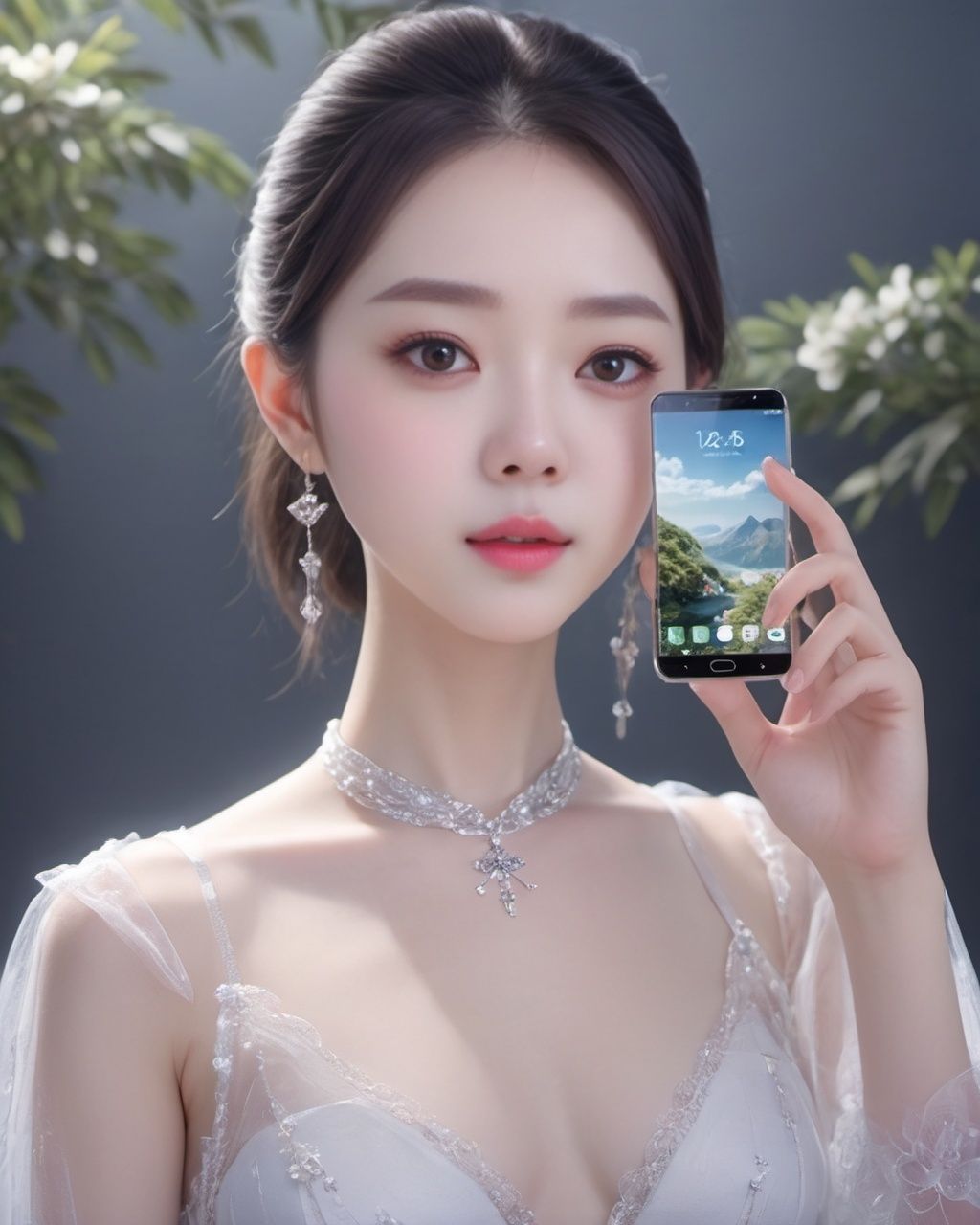 best quality ,photorealistic, photography, highly detailed,
 jingliu in Transparent smartphones ,
 jingliu, 1girl,dress, Transparent smartphones