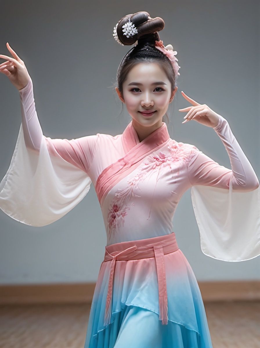 best quality,highly detailed,dancing ,
zgirl,pink and blue dancedress, smile ,full  body,headwear, see_through, Palace , indoor,Chinese architecture, zgirl