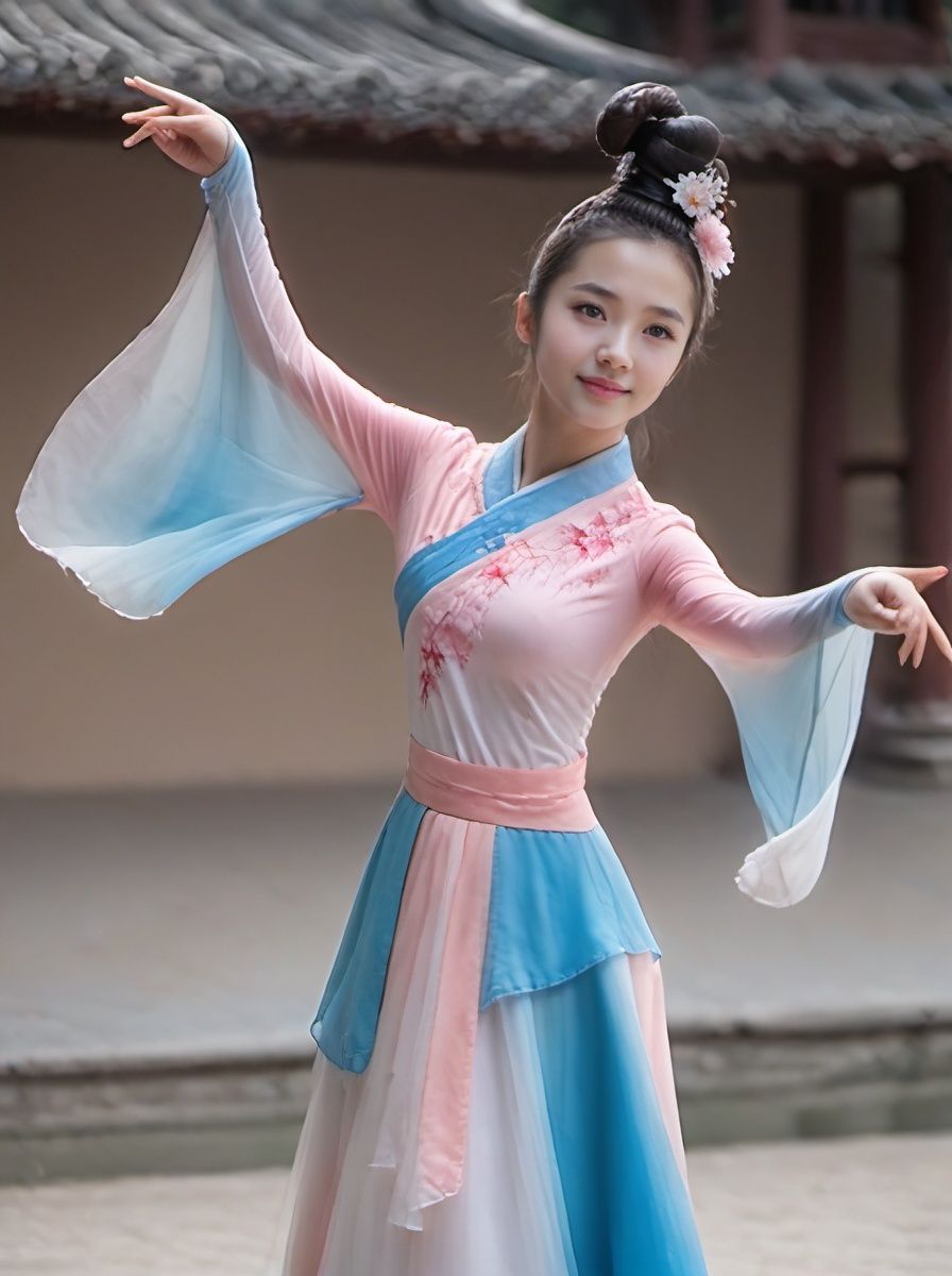 best quality,highly detailed,dancing ,
zgirl,pink and blue dancedress, smile ,full  body,headwear, see_through, Palace , indoor,Chinese architecture, zgirl