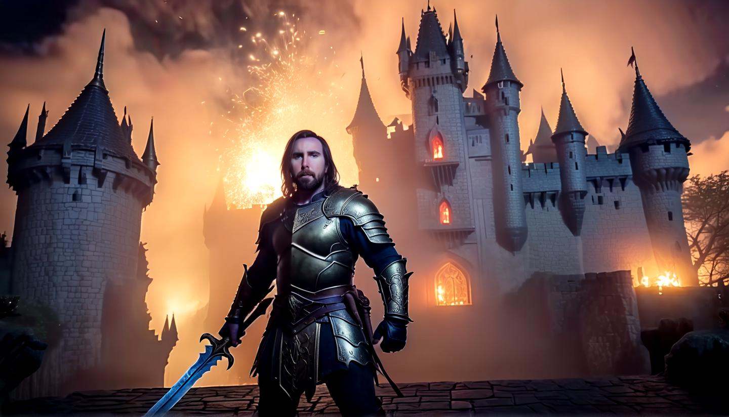 Fantasy Films asmongold as a warrior knight,  in front of a castle,  fantasy world on Tensor.Art