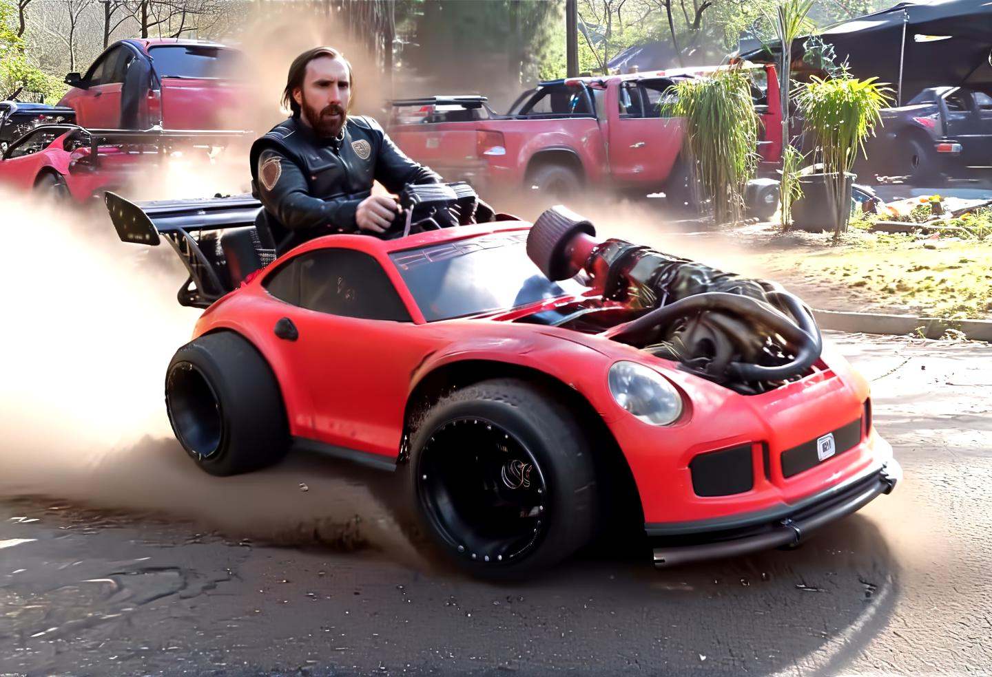 Action Films asmongold wearig a matt black leather suit,  driving a red pturbo car,  at a graveyard on Tensor.Art